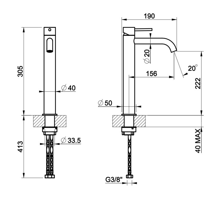 Bateria umywalkowa Gessi Flessa, stojąca, wysokość 305mm, długa wylewka, korek automatyczny, stal szczotkowana