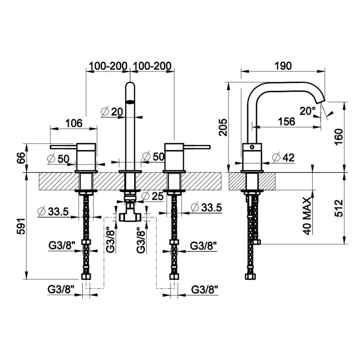 Bateria umywalkowa 3-otworowa Gessi Flessa, stojąca, wysokość 273mm, bez korka, stal szczotkowana