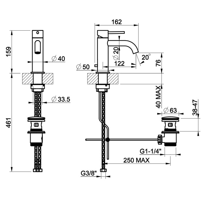 Bateria umywalkowa Gessi Flessa, stojąca, wysokość 159mm, korek automatyczny, stal szczotkowana
