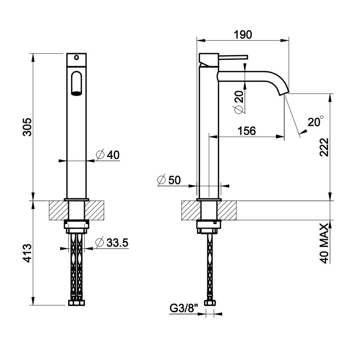 Bateria umywalkowa Gessi Trame, stojąca, wysokość 305mm, długa wylewka,  korek automatyczny, stal szczotkowana
