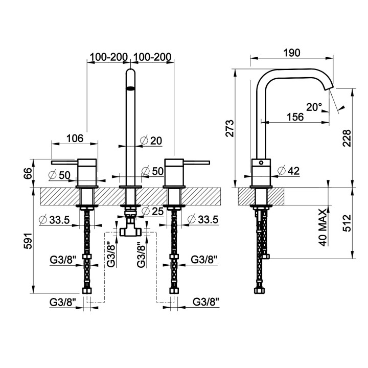 Bateria umywalkowa 3-otworowa Gessi Flessa, stojąca, wysokość 273mm, bez korka, stal szczotkowana