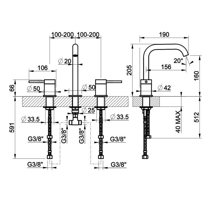 Bateria umywalkowa 3-otworowa Gessi Trame, stojąca, wysokość 273mm, bez korka, stal szczotkowana