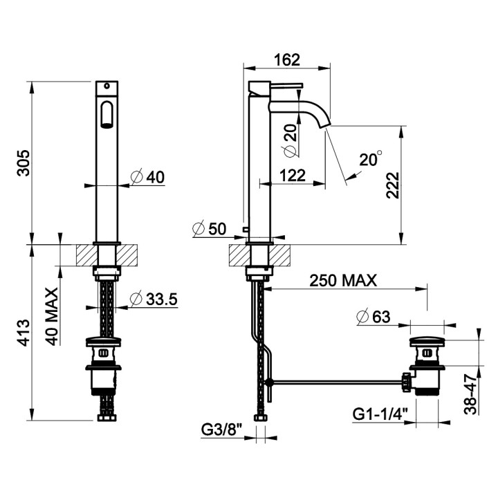 Bateria umywalkowa Gessi Intreccio, stojąca, wysokość 159mm, korek automatyczny, stal szczotkowana