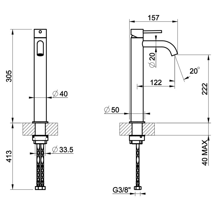 Bateria umywalkowa Gessi Intreccio, stojąca, wysokość 305mm, krótka wylewka, korek automatyczny, stal szczotkowana