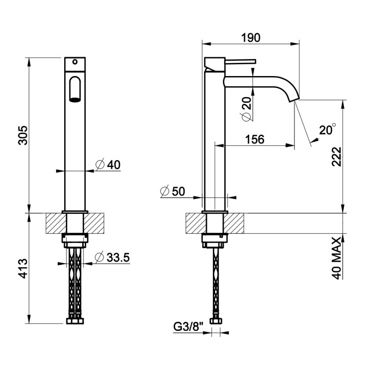 Bateria umywalkowa Gessi Intreccio, stojąca, wysokość 305mm, długa wylewka, korek automatyczny, stal szczotkowana