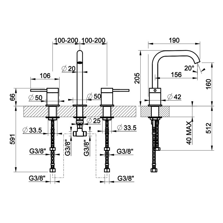 Bateria umywalkowa 3-otworowa Gessi Intreccio, stojąca, wysokość 273mm, bez korka, stal szczotkowana