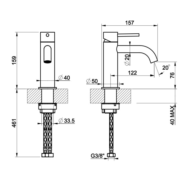 Bateria umywalkowa Gessi Meccanica, stojąca, wysokość 159mm, korek automatyczny, stal szczotkowana