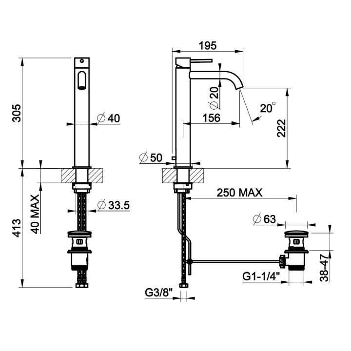 Bateria umywalkowa Gessi Meccanica, stojąca, wysokość 305mm, krótka wylewka, korek automatyczny, stal szczotkowana