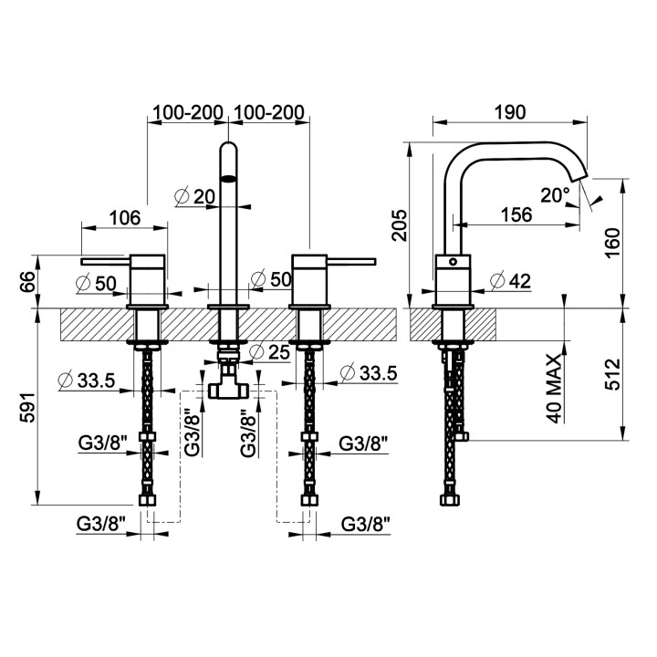 Bateria umywalkowa 3-otworowa Gessi Meccanica, stojąca, wysokość 273mm, bez korka, stal szczotkowana