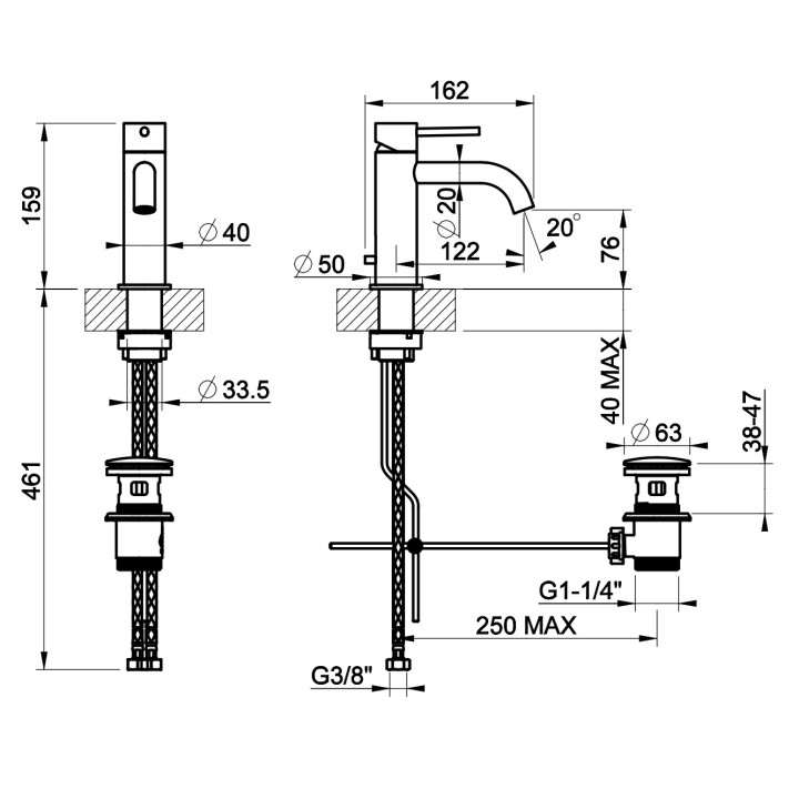 Bateria umywalkowa Gessi Intreccio, stojąca, wysokość 159mm, korek automatyczny - czarny mat
