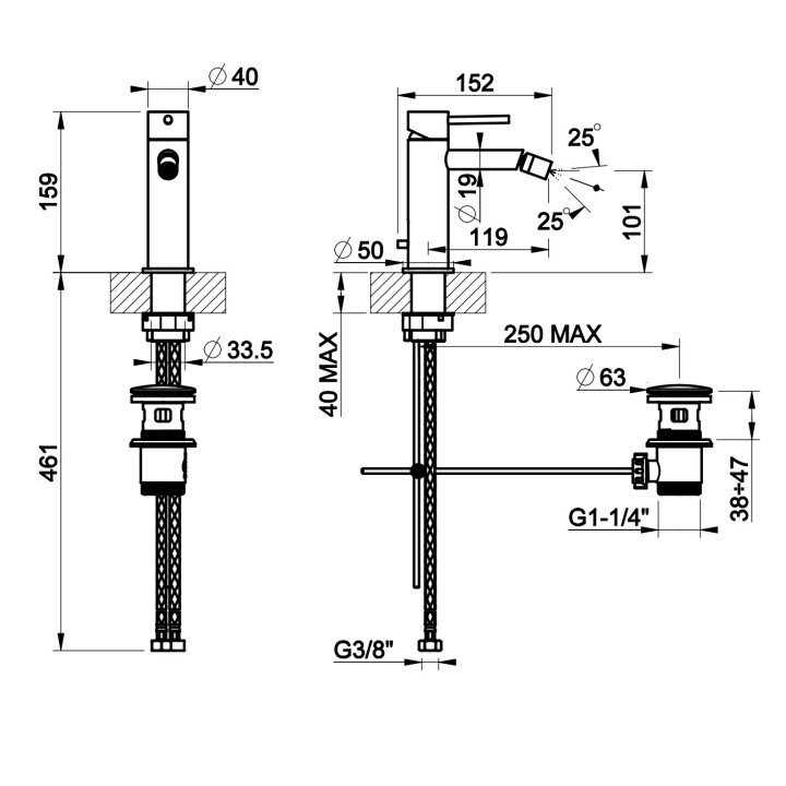 Bateria bidetowa Gessi Intreccio, stojąca, wysokość 159mm, korek automatyczny, stal szczotkowana