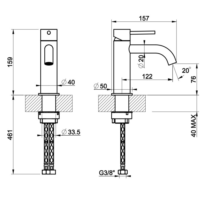 Bateria umywalkowa Gessi Cesello, stojąca, wysokość 159mm, korek automatyczny, stal szczotkowana