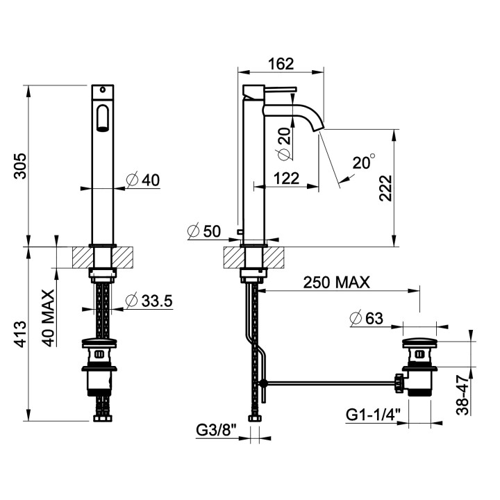 Bateria umywalkowa Gessi Cesello, stojąca, wysokość 159mm, korek automatyczny, stal szczotkowana