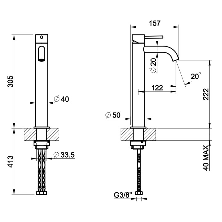 Bateria umywalkowa Gessi Cesello, stojąca, wysokość 305mm, krótka wylewka, korek automatyczny, stal szczotkowana