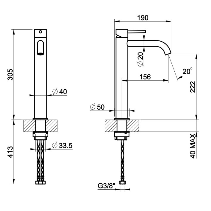 Bateria umywalkowa Gessi Cesello, stojąca, wysokość 305mm, długa wylewka, korek automatyczny, stal szczotkowana