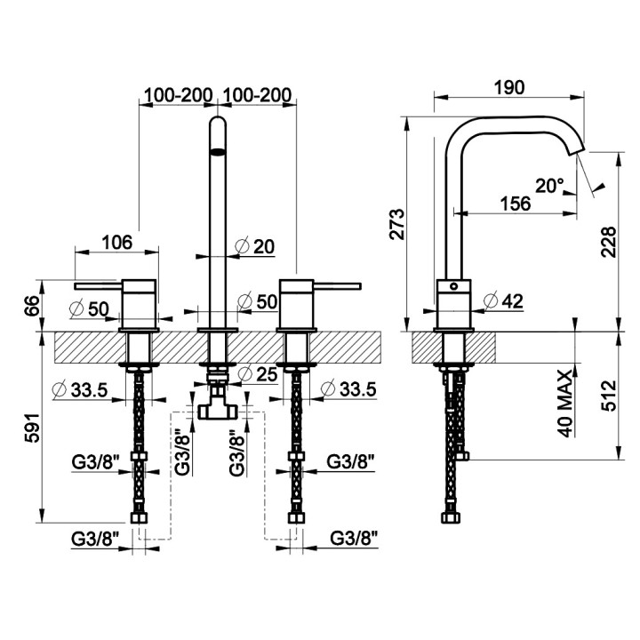 Bateria umywalkowa 3-otworowa Gessi Meccanica, stojąca, wysokość 273mm, bez korka, stal szczotkowana