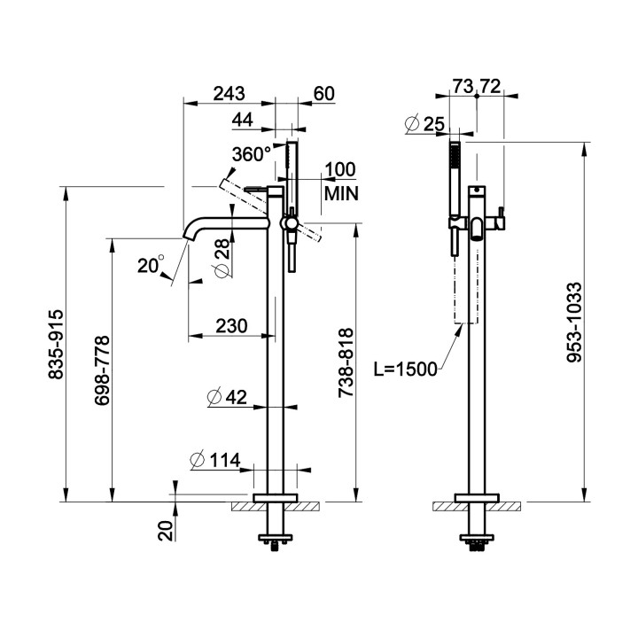 Bateria wannowa wolnostojąca Gessi Ingranaggio, 2 wyjścia wody, zestaw natryskowy, chrom