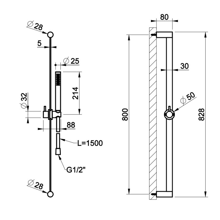 Drążek prysznicowy Gessi Shower316, z słuchawką 1-funkcyjną, wężem i przyłączem kątowym, stal szczotkowana