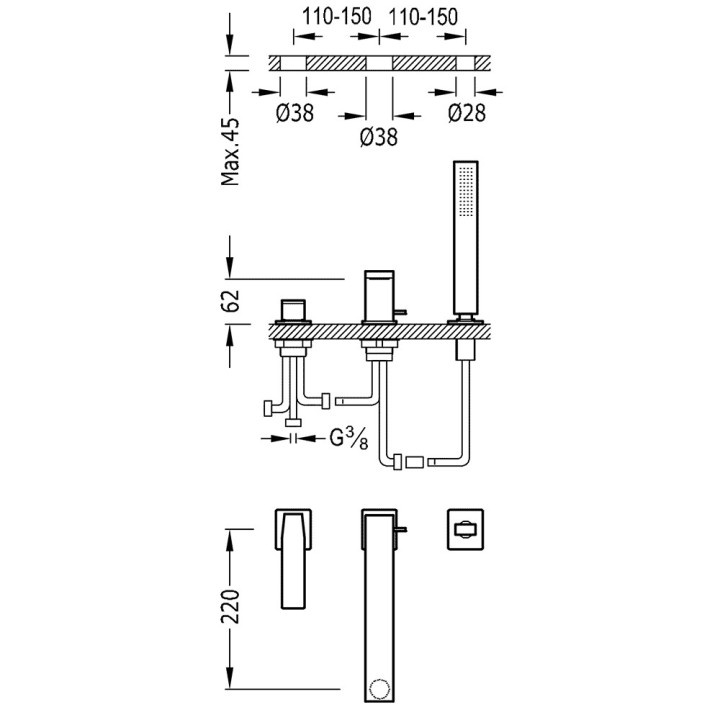 Bateria wannowa Slim- Tres trzyotworowa, 220 mm, z rączką- sanitbuy.pl