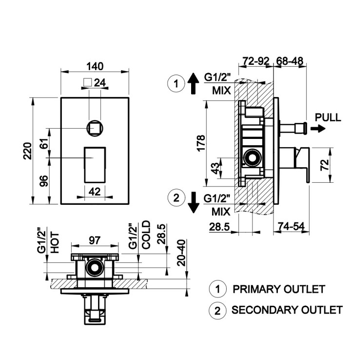 Bateria natryskowa Gessi Shower316, podtynkowa, 2 wyjścia wody, stal szczotkowana