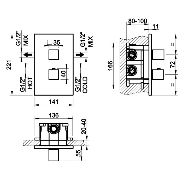 Termostatyczna bateria natryskowa Gessi Rettangolo Shower, podtynkowa, 1 wyjście wody, chrom