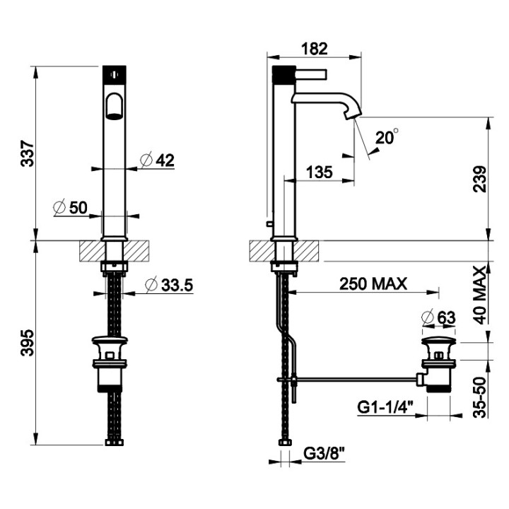Bateria umywalkowa Gessi Inciso, stojąca, wysokość 195mm, korek automatyczny, chrom