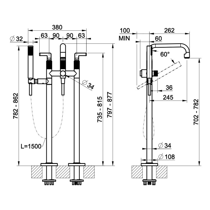 Bateria wannowa wolnostojąca Gessi Bath316, 2 wyjścia wody, zestaw natryskowy, stal szczotkowana