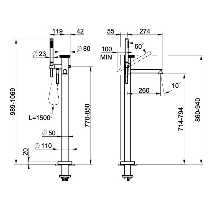 Bateria wannowa 4-otworowa Gessi Anello, stojąca, 2 wyjścia wody, zestaw natryskowy, chrom