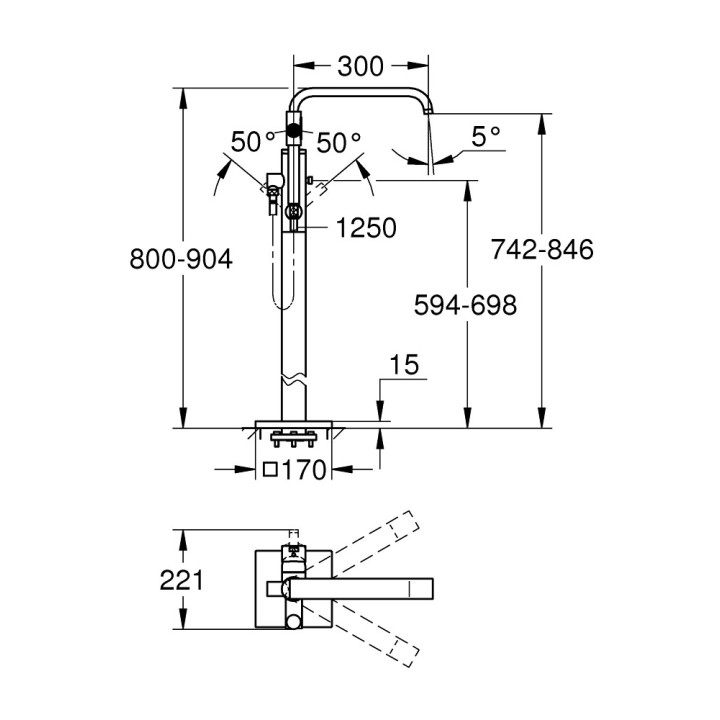 Bateria wannowa wolnostojąca Grohe Allure, wylewka 300mm, 2 wyjścia wody, zestaw natryskowy, chrom