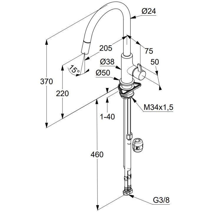 Bateria kuchenna Kludi Bingo Star XS, wysokość 370mm, wyciągana obrotowa wylewka, czarny mat/chrom