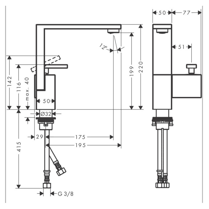 Bateria umywalkowa Axor Edge, stojąca, uchwyt z boku, wysokość 220mm, szlif diamentowy, chrom