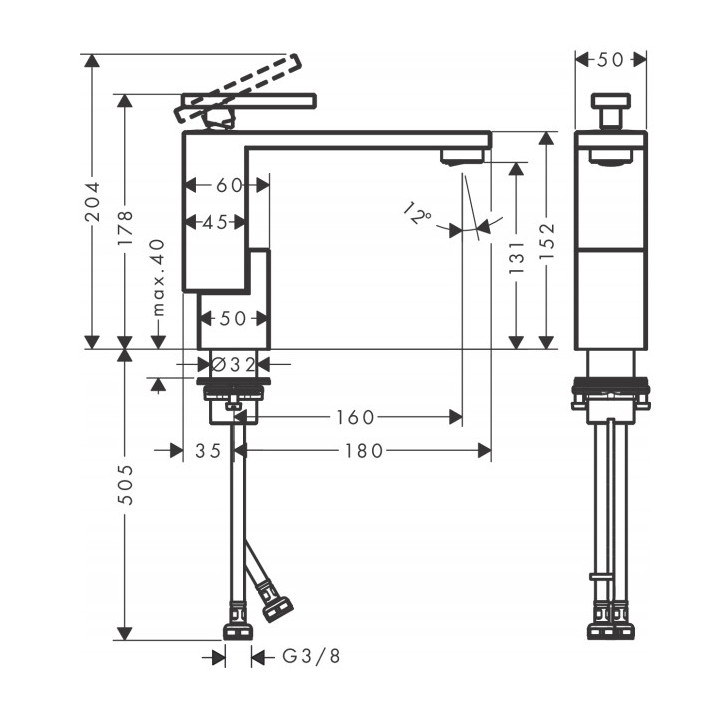 Bateria umywalkowa Axor Edge, stojąca, wysokość 178mm, wylewka 160mm, korek push-open, chrom