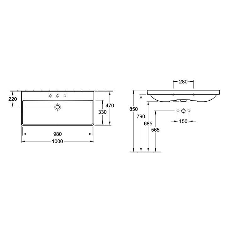Umywalka meblowa Villeroy&Boch Avento, 100x47cm, przelew, otwór na baterię, CeramicPlus, Stone White