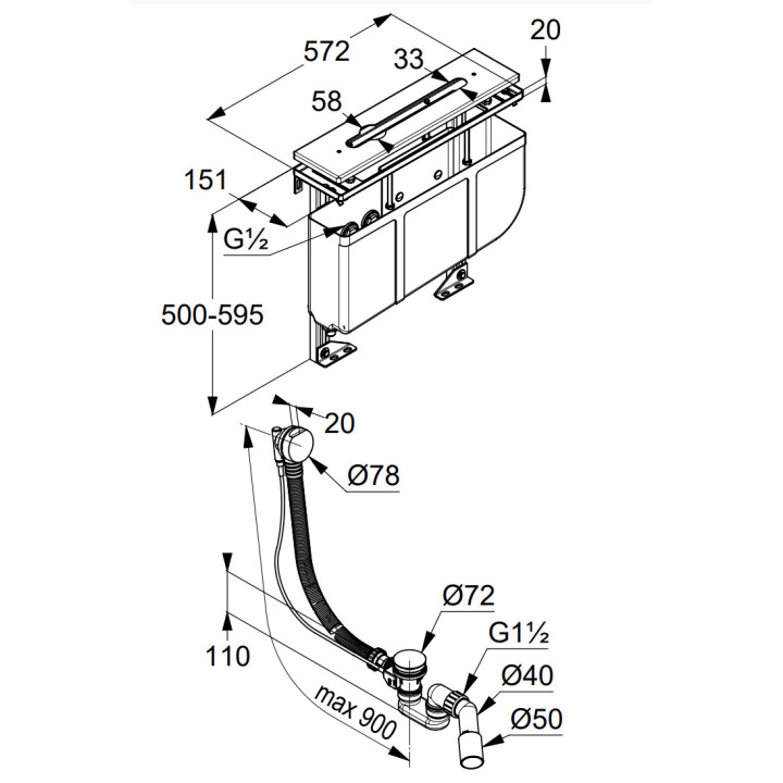 Blok montażowy do baterii 3-otworowej Kludi Rotexa Multi, zestaw odpływowo-przelewowy, chrom
