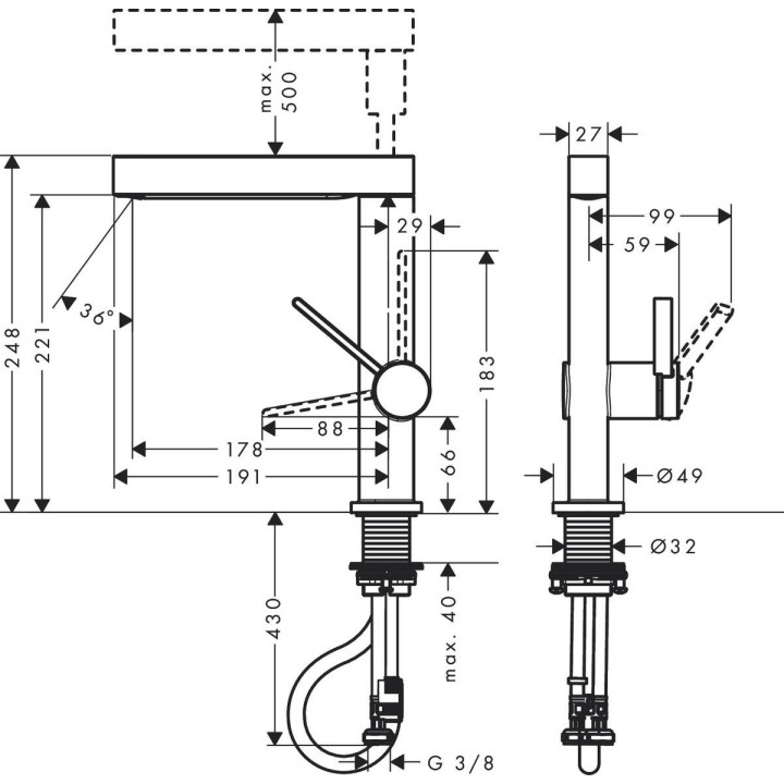 Bateria umywalkowa Hansgrohe Finoris, stojąca, jednouchwytowa, wysokość 182mm, komplet odpływowy, chrom