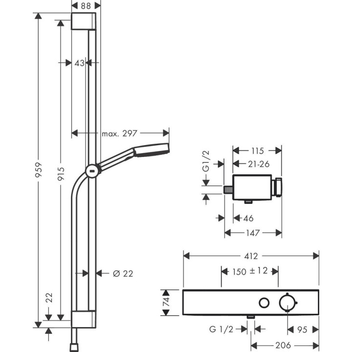 System prysznicowy Hansgrohe Pulsify Select 105 3jet Relexation, słuchawka z wężem, drążkiem 65cm i baterią termostatyczną, chro
