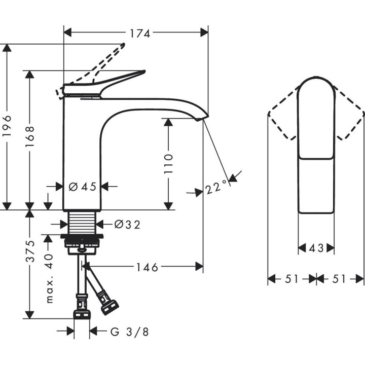 Bateria umywalkowa Hansgrohe Vivenis, stojąca, jednouchwytowa, wysokość 168mm, bez kompletu odpływowego, chrom