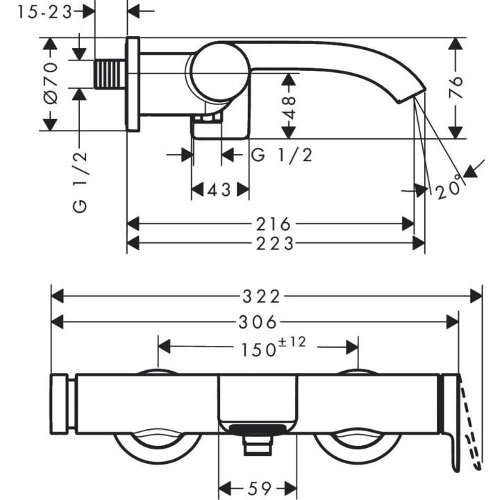 Bateria wannowa Hansgrohe Finoris, natynkowa, jednouchwytowa, 2 wyjścia wody, chrom