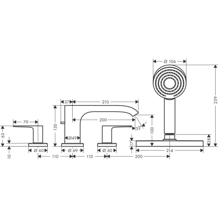 Bateria wannowa 4-otworowa Hansgrohe Finoris, montaż na brzegu wanny, sBox, 2 wyjścia wody, chrom