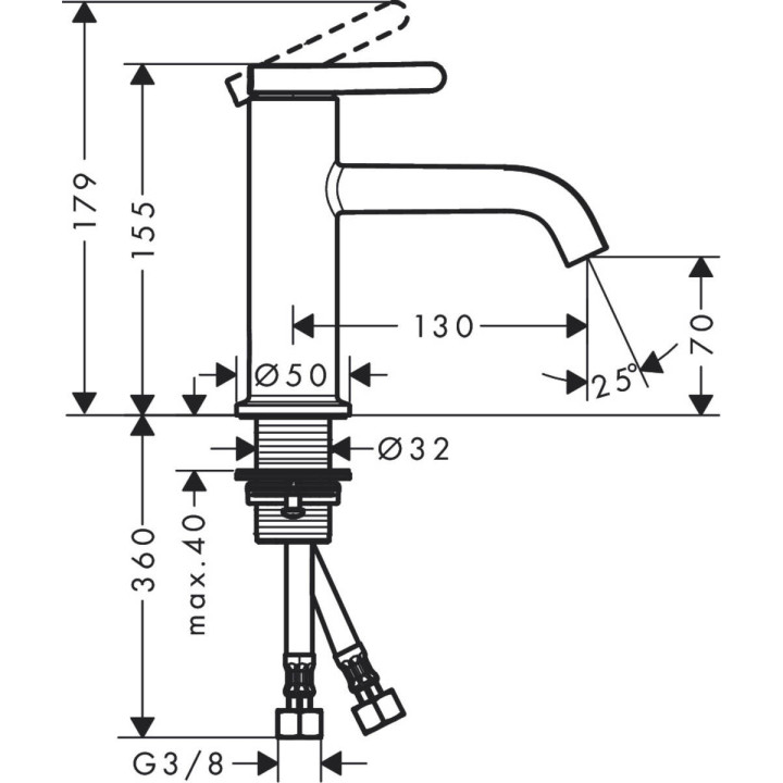 Bateria umywalkowa Axor One, stojąca, wysokość 155mm, uchwyt dźwigniowy, komplet odpływowy, chrom