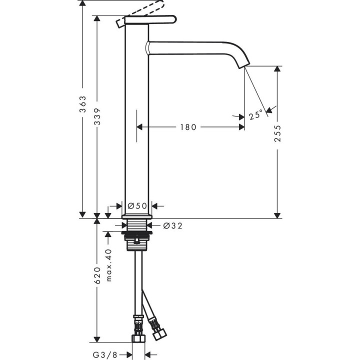Bateria umywalkowa Axor One, stojąca, wysokość 155mm, uchwyt dźwigniowy, komplet odpływowy push-open, chrom