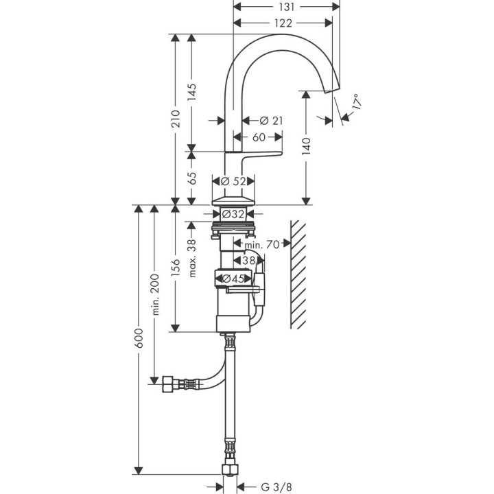 Bateria umywalkowa Axor One, stojąca, wysokość 155mm, uchwyt dźwigniowy, komplet odpływowy push-open, chrom