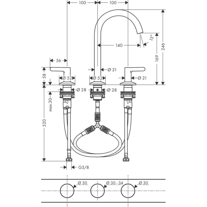Bateria umywalkowa 3-otworowa Hansgrohe Vivenis, stojąca, wysokość 115mm, komplet odpływowy, chrom