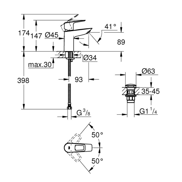 Bateria umywalkowa Grohe BauLoop, stojąca, wysokość 147mm, DN 15, rozmiar S, korek automatyczny, chrom
