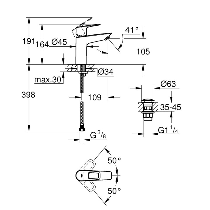 Bateria umywalkowa Grohe BauLoop, stojąca, wysokość 164mm, DN 15, rozmiar M, korek automatyczny, chrom