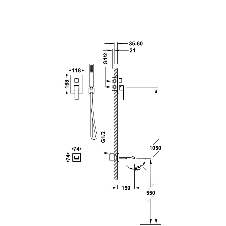 Zestaw natryskowy Tres Slim Exclusive, podtynkowy, Rapid-Box, słuchawka prysznicowa, wylewka wannowa, czarny mat