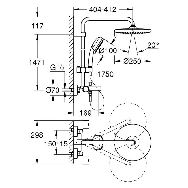 System wannowo-prysznicowy Grohe Euphoria System 260, natynkowy, bateria termostatyczna, 3 wyjścia wody, chrom