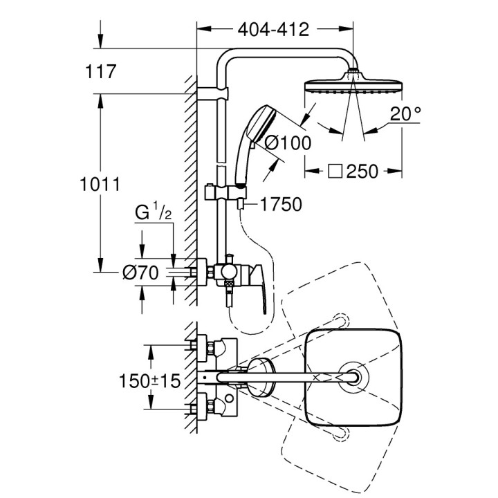 System prysznicowy Grohe Tempesta Cosmopolitan System 250, natynkowy, bateria jednouchwytowa, 2 wyjścia wody, chrom