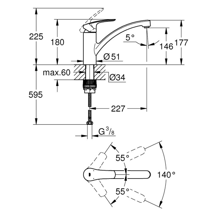Bateria zlewozmywakowa Grohe Eurosmart, wysokość 180mm, DN 15, obracana wylewka 227mm, chrom