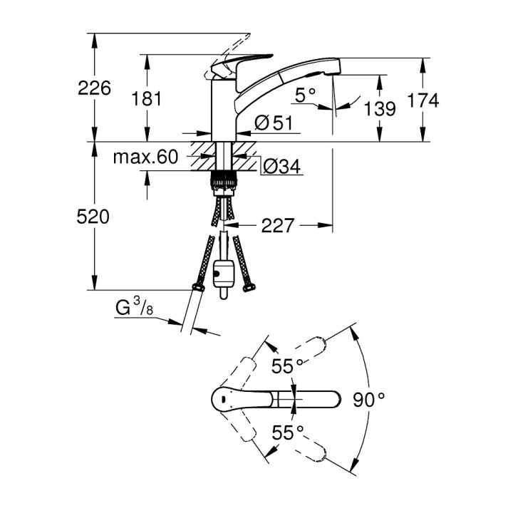 Bateria zlewozmywakowa Grohe Eurosmart, wysokość 180mm, DN 15, obracana wylewka 227mm, chrom